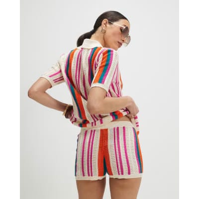 Cream Striped Crochet Shorts