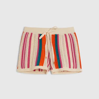 Cream Striped Crochet Shorts