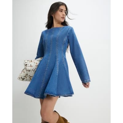 Petite Blue Seamed Denim Mini Dress