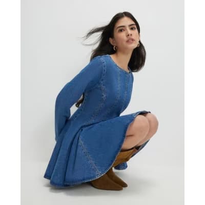 Petite Blue Seamed Denim Mini Dress
