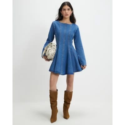 Petite Blue Seamed Denim Mini Dress