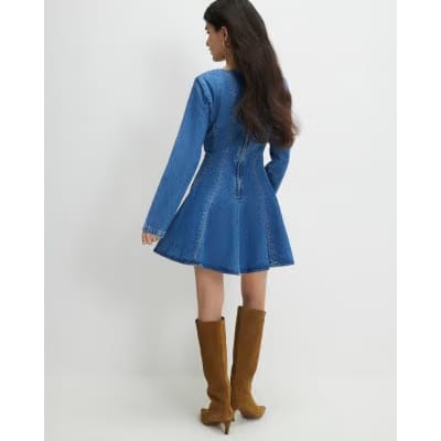 Petite Blue Seamed Denim Mini Dress