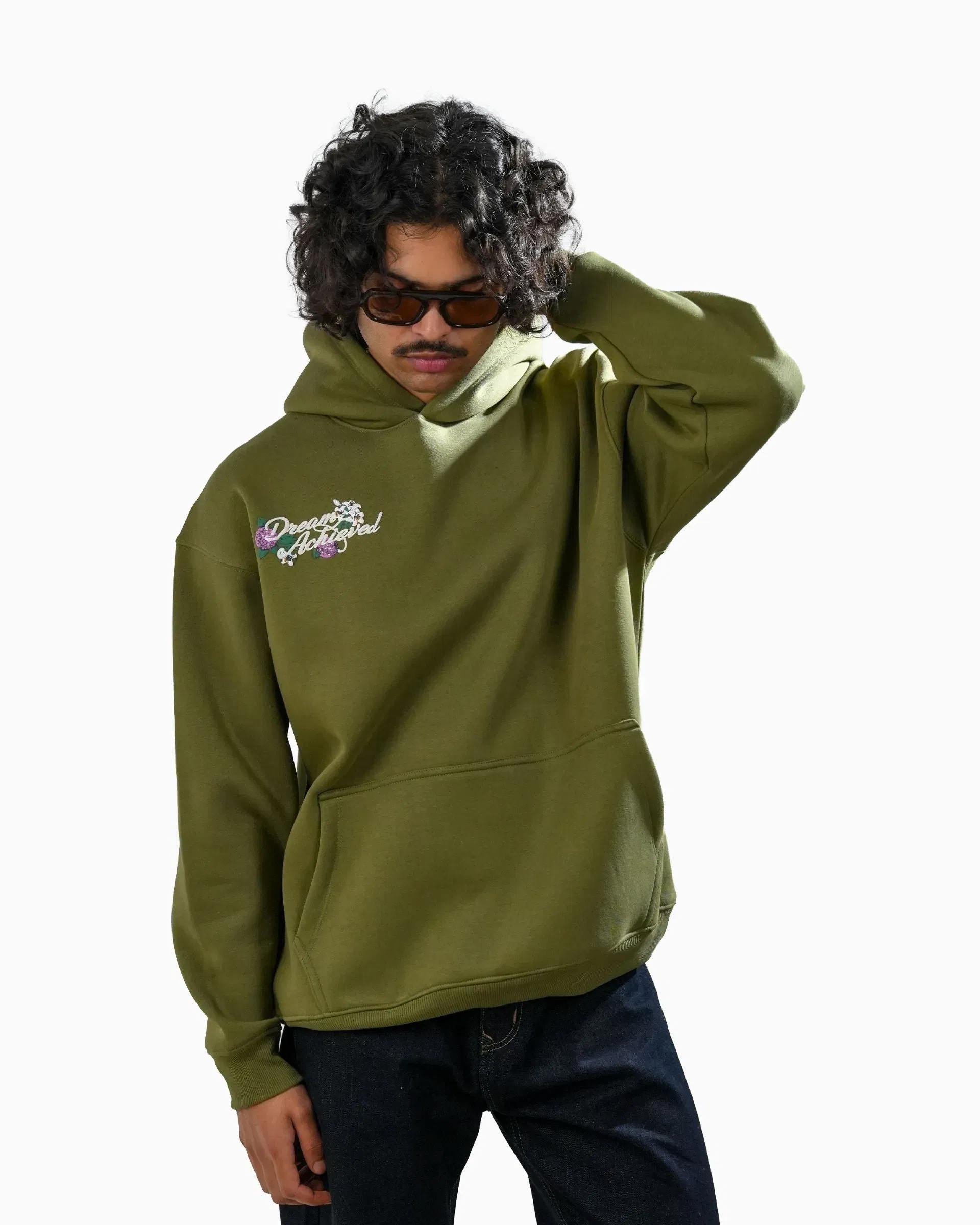 Dream Achieved - Olive Oversized Printed Hoodie