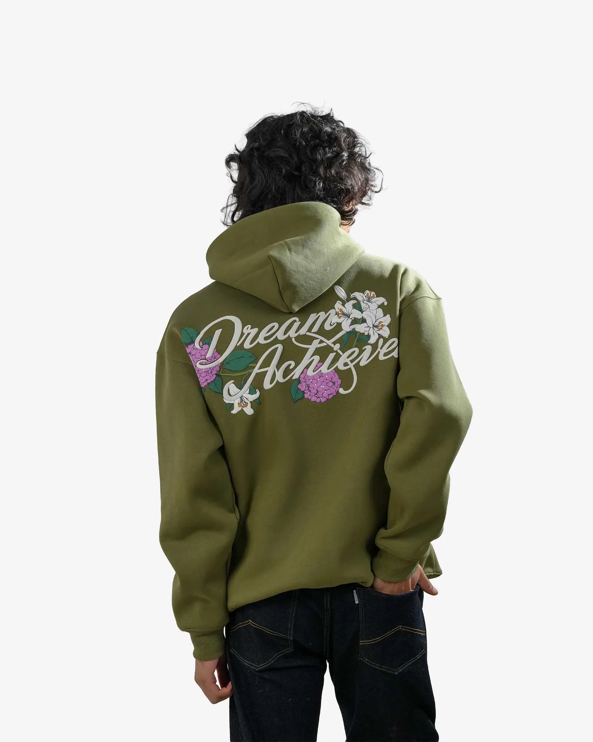 Dream Achieved - Olive Oversized Printed Hoodie