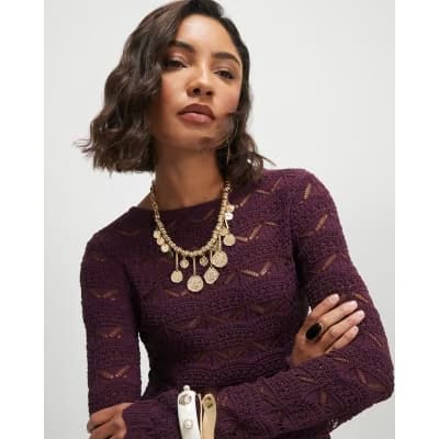 Purple Crochet Knit Boat Neck Mini Dress