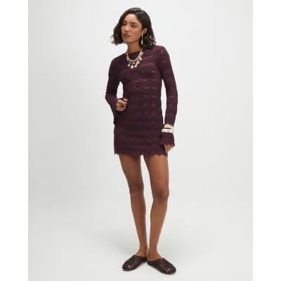 Purple Crochet Knit Boat Neck Mini Dress