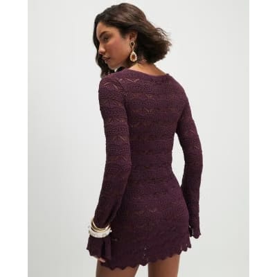 Purple Crochet Knit Boat Neck Mini Dress