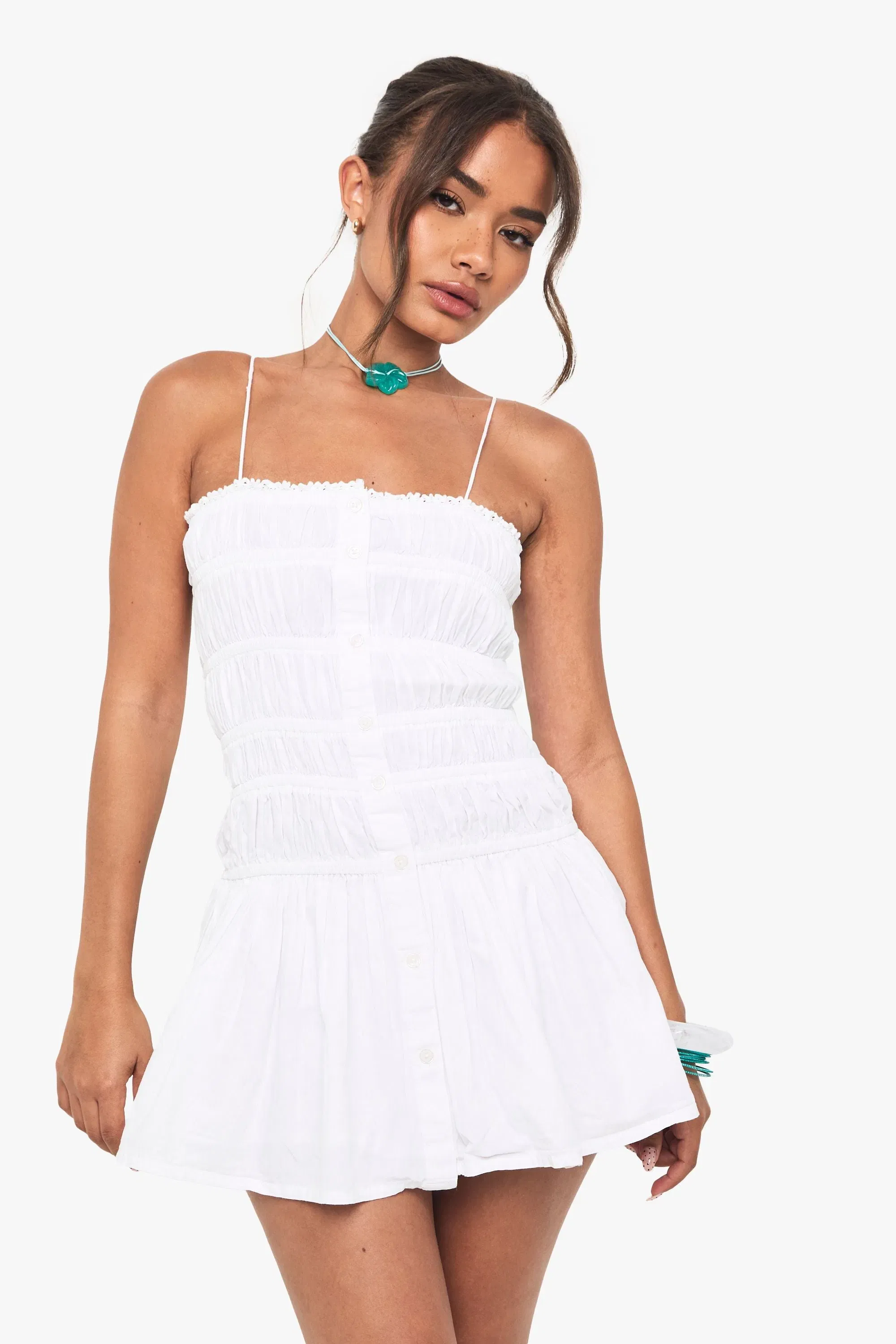 Cotton Shirred Bandeau Button Mini Dress