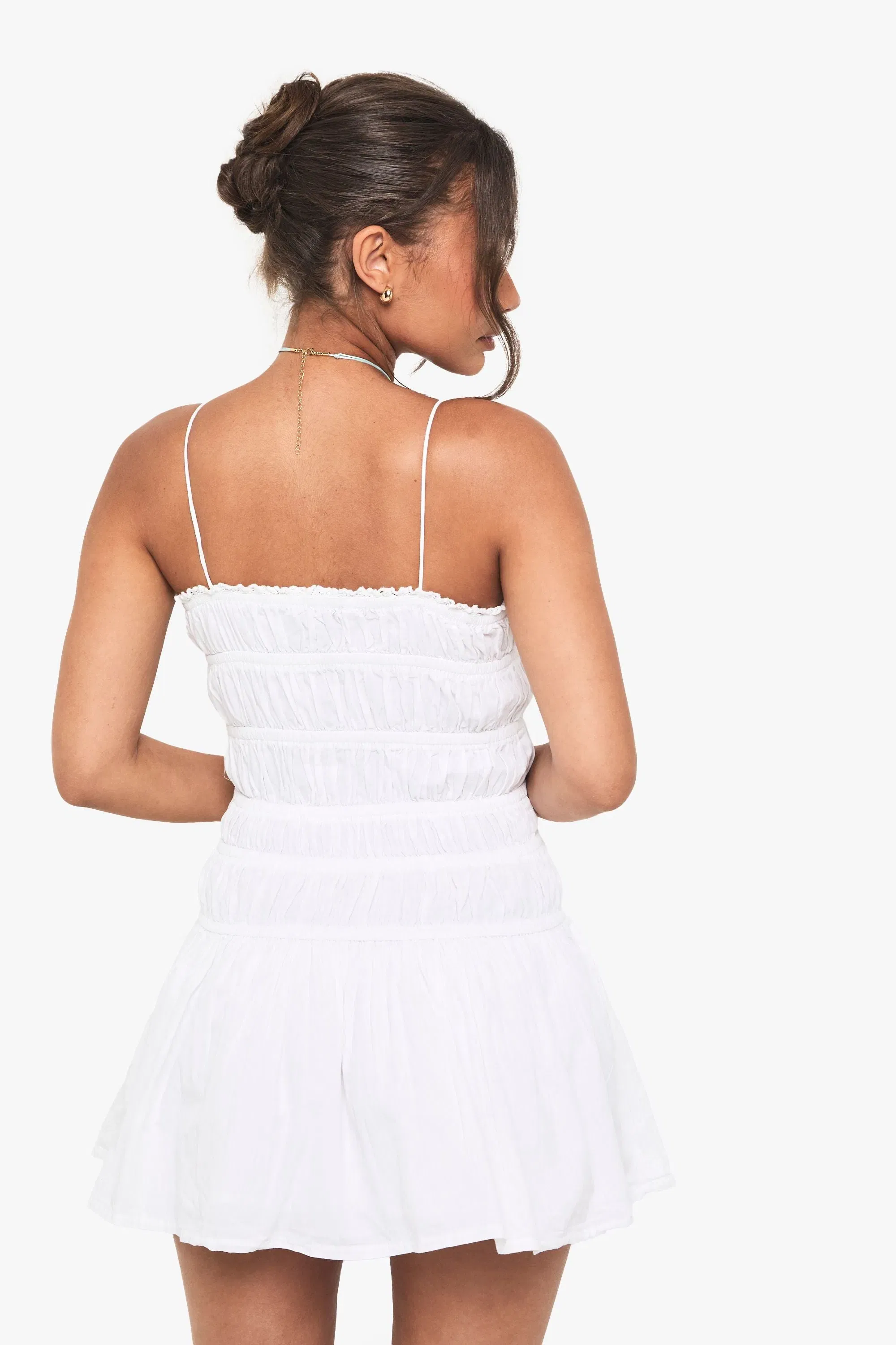 Cotton Shirred Bandeau Button Mini Dress