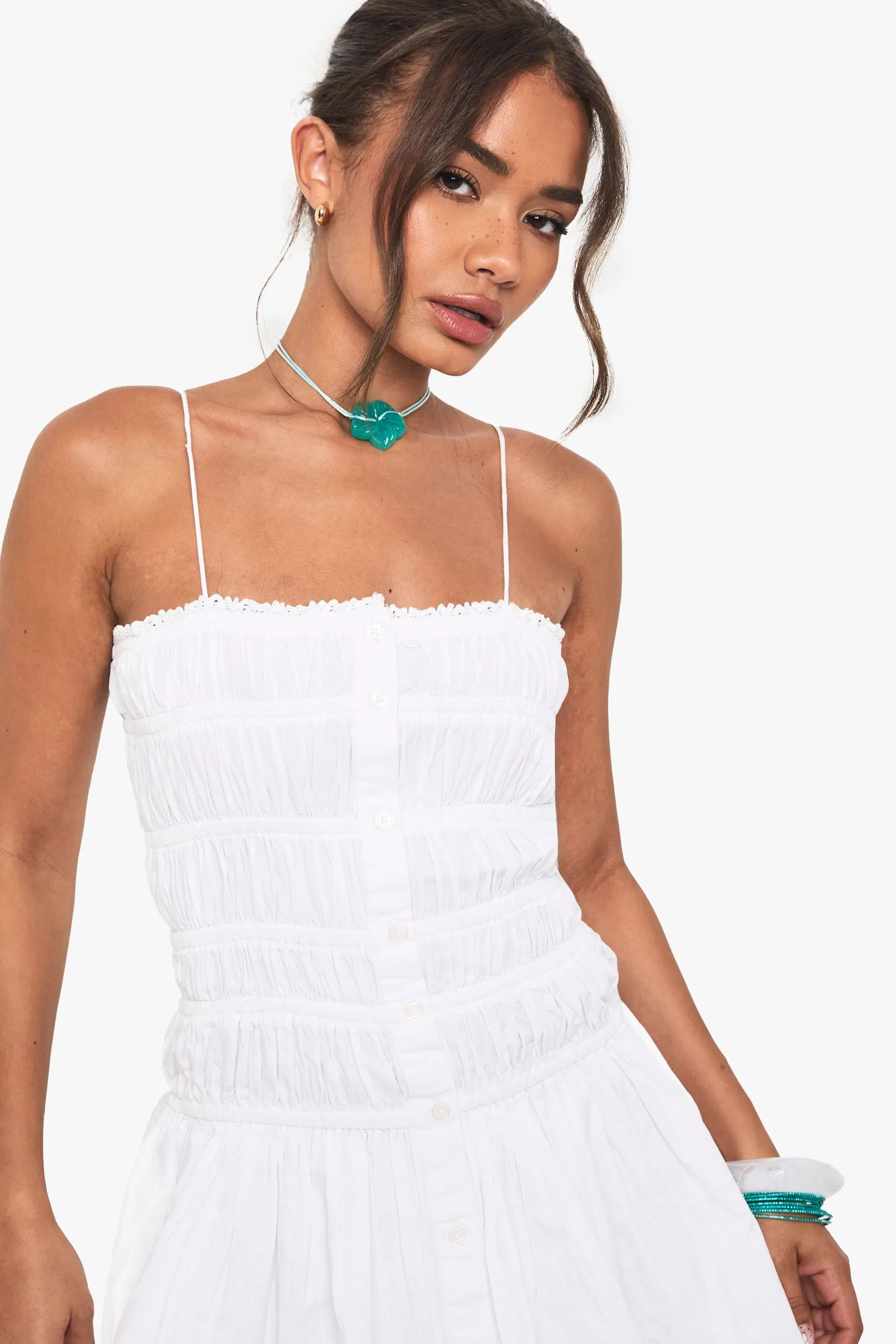Cotton Shirred Bandeau Button Mini Dress