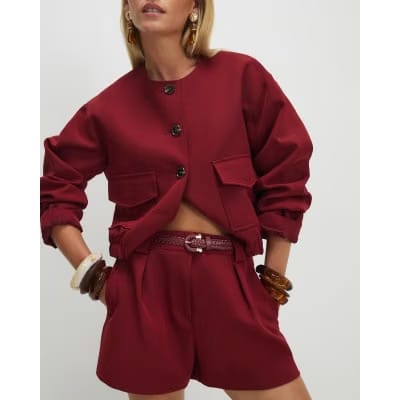 Petite Red Belted Shorts