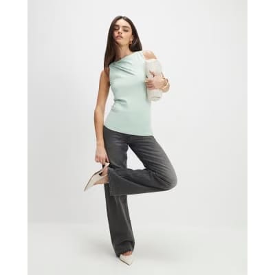 Green Sleeveless Slash Neck Top