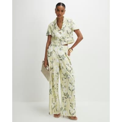 Green Floral Linen Blend Wide Leg Trousers