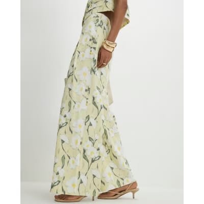 Green Floral Linen Blend Wide Leg Trousers