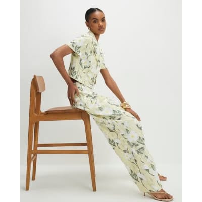 Green Floral Linen Blend Wide Leg Trousers