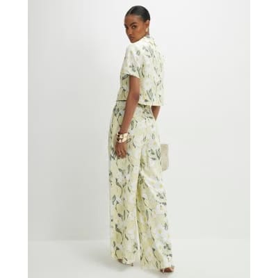 Green Floral Linen Blend Wide Leg Trousers