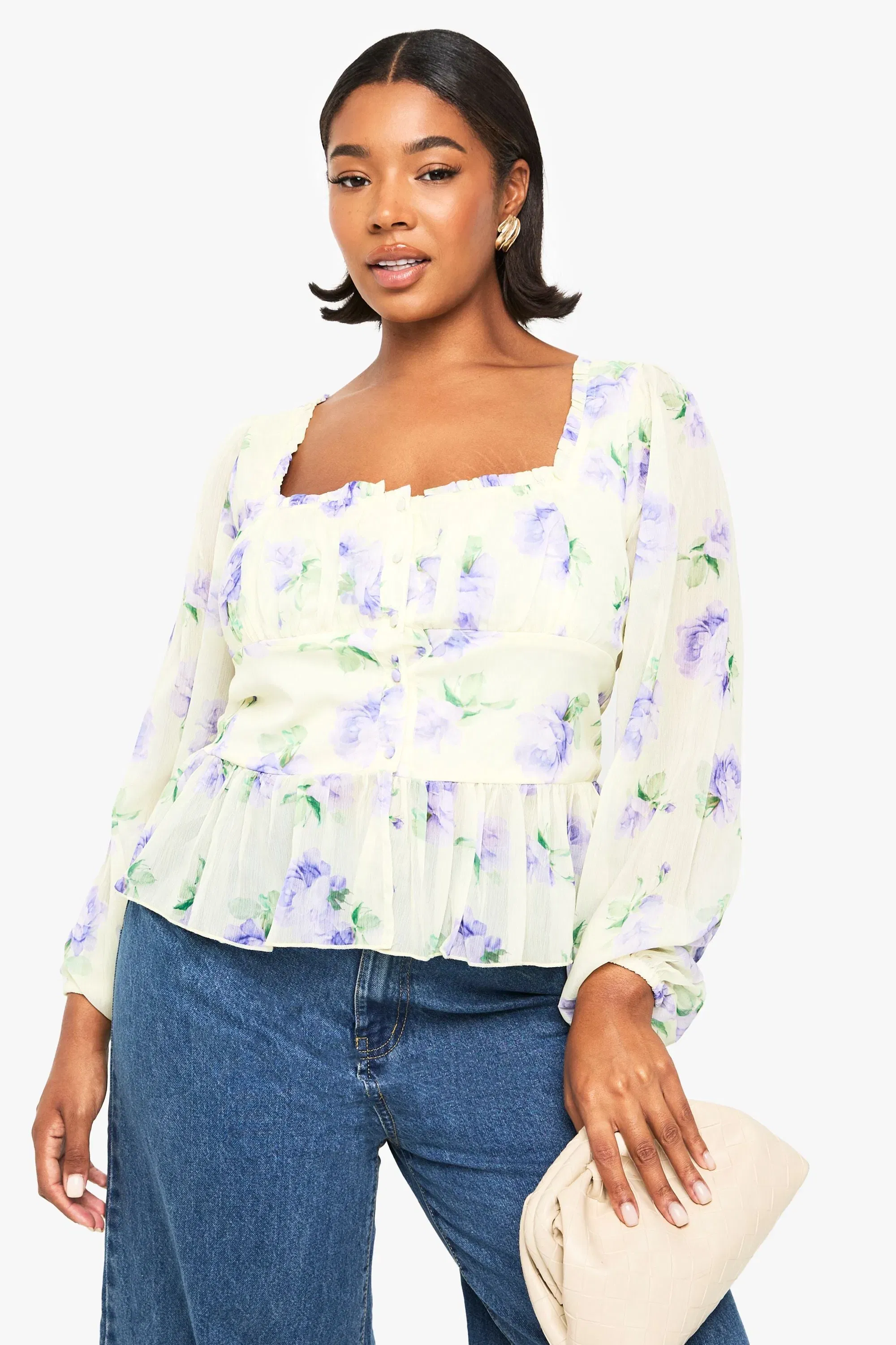 Plus Printed Chiffon Button Detail Blouse