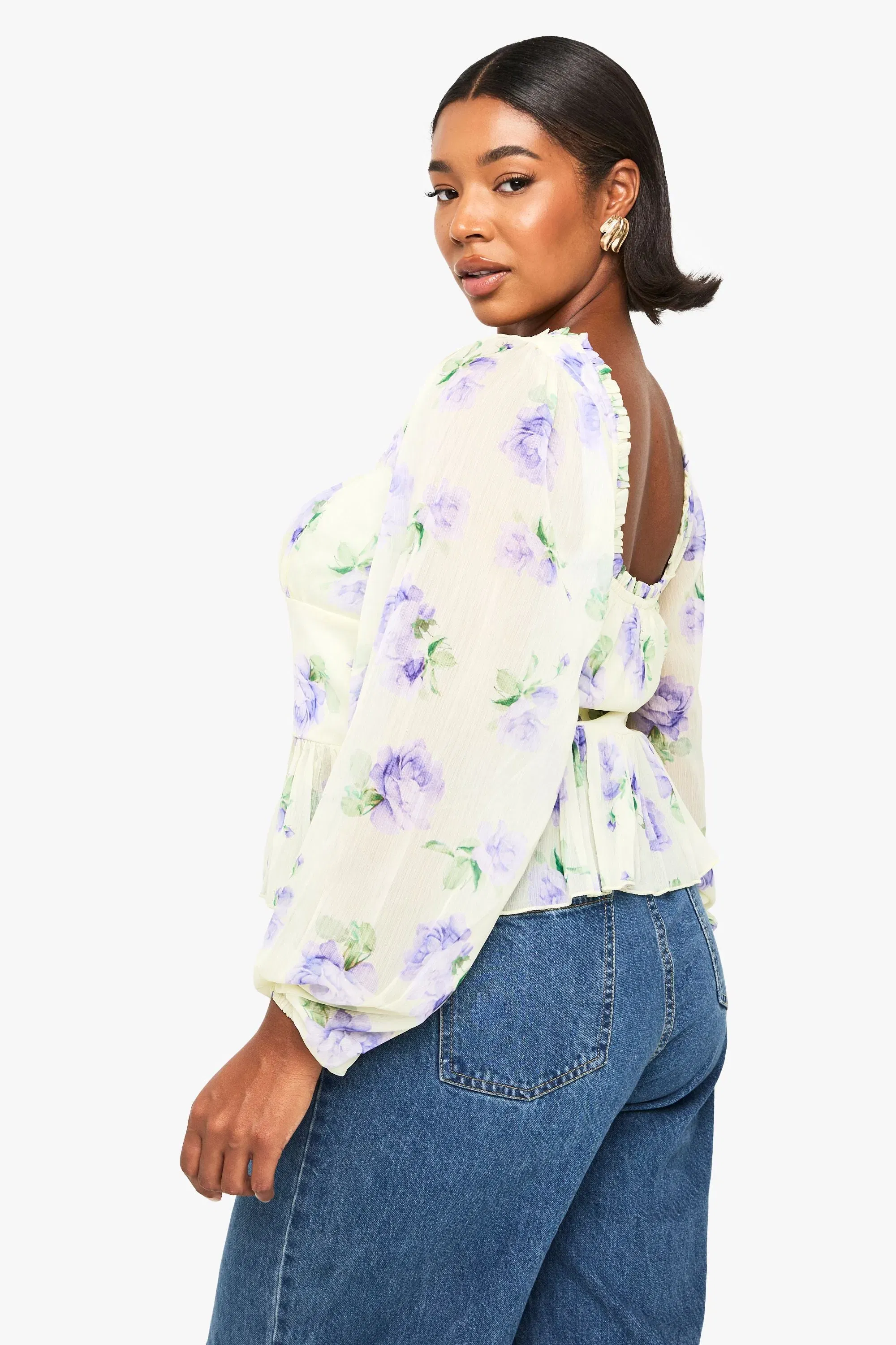 Plus Printed Chiffon Button Detail Blouse