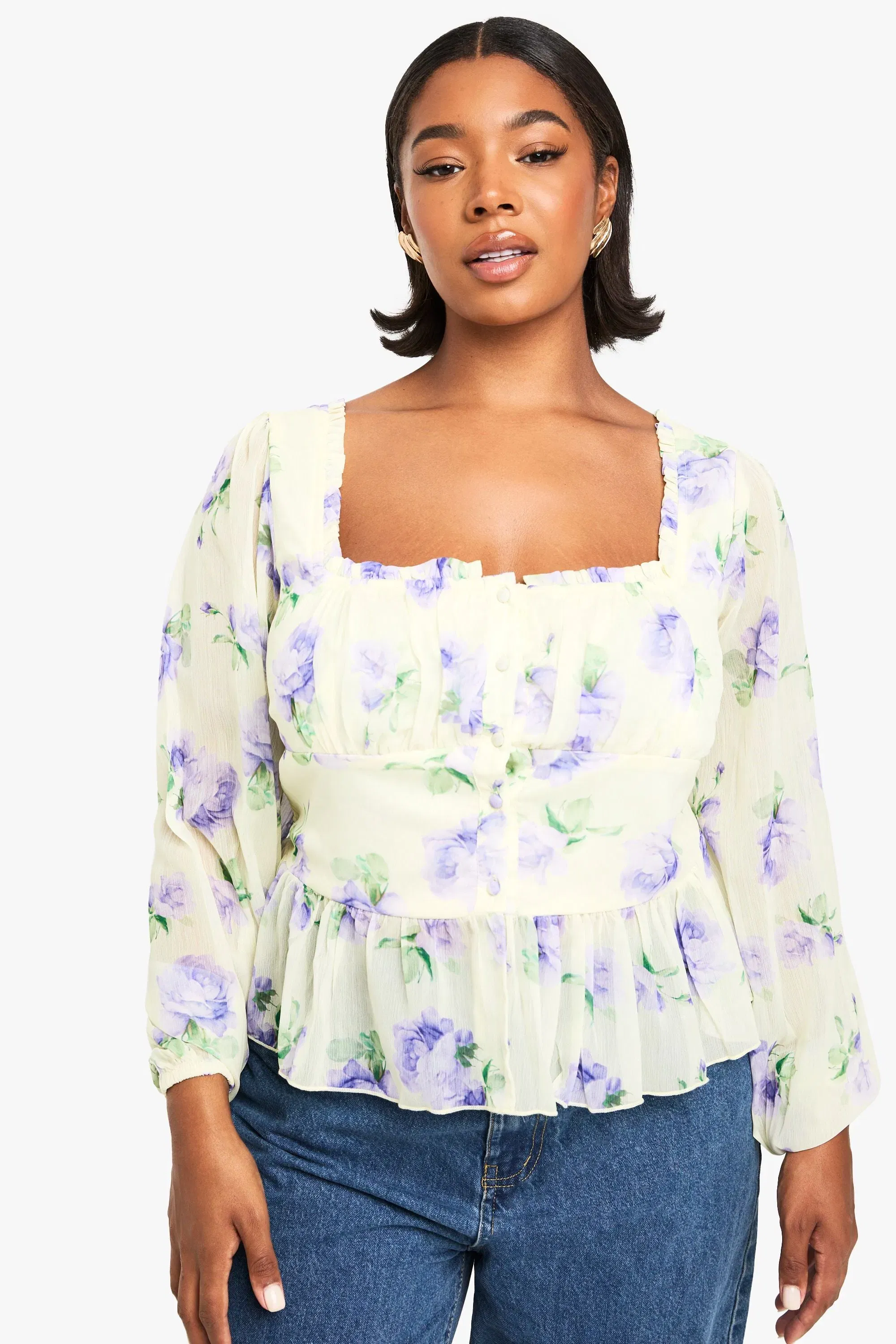 Plus Printed Chiffon Button Detail Blouse