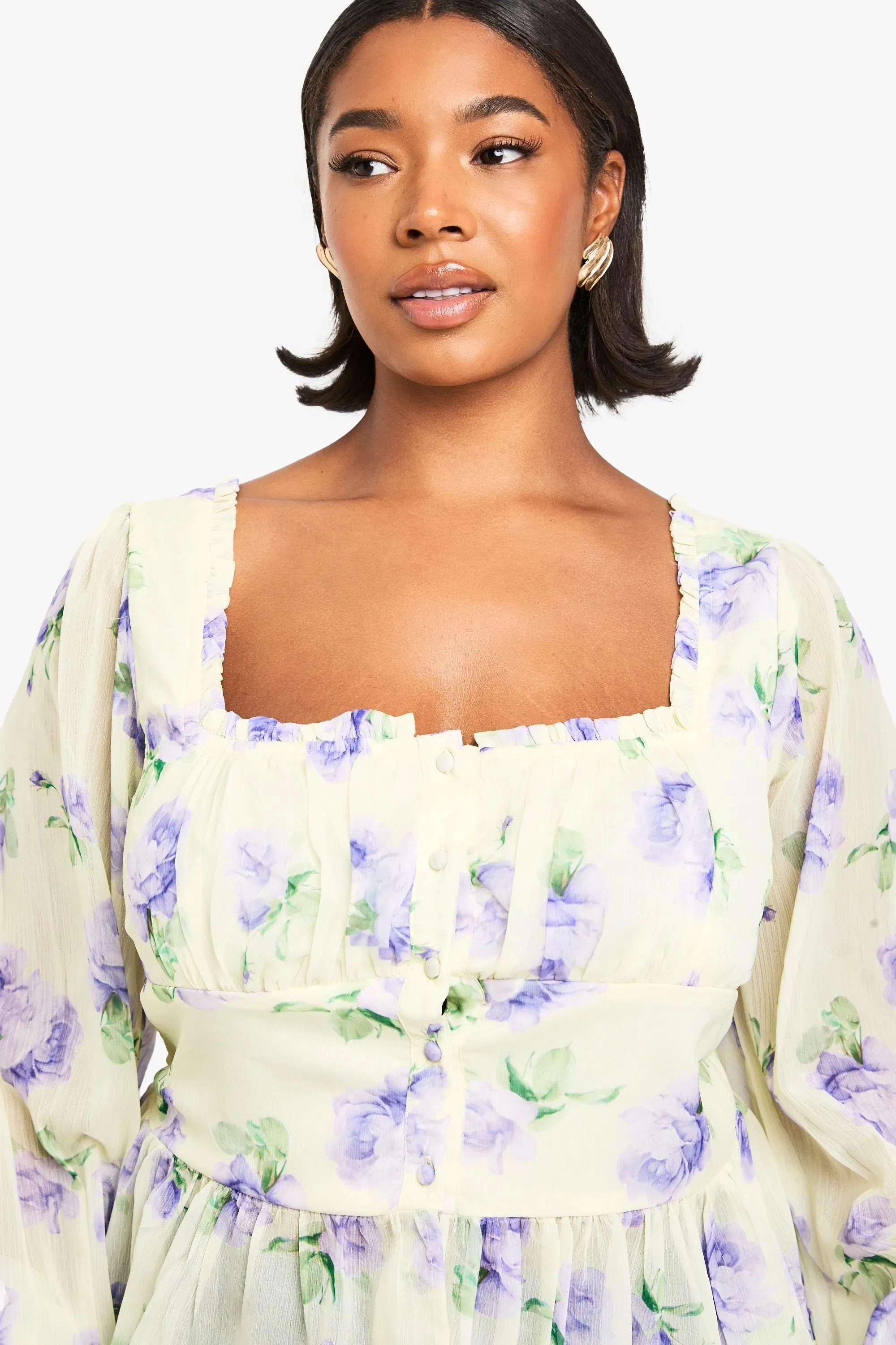Plus Printed Chiffon Button Detail Blouse