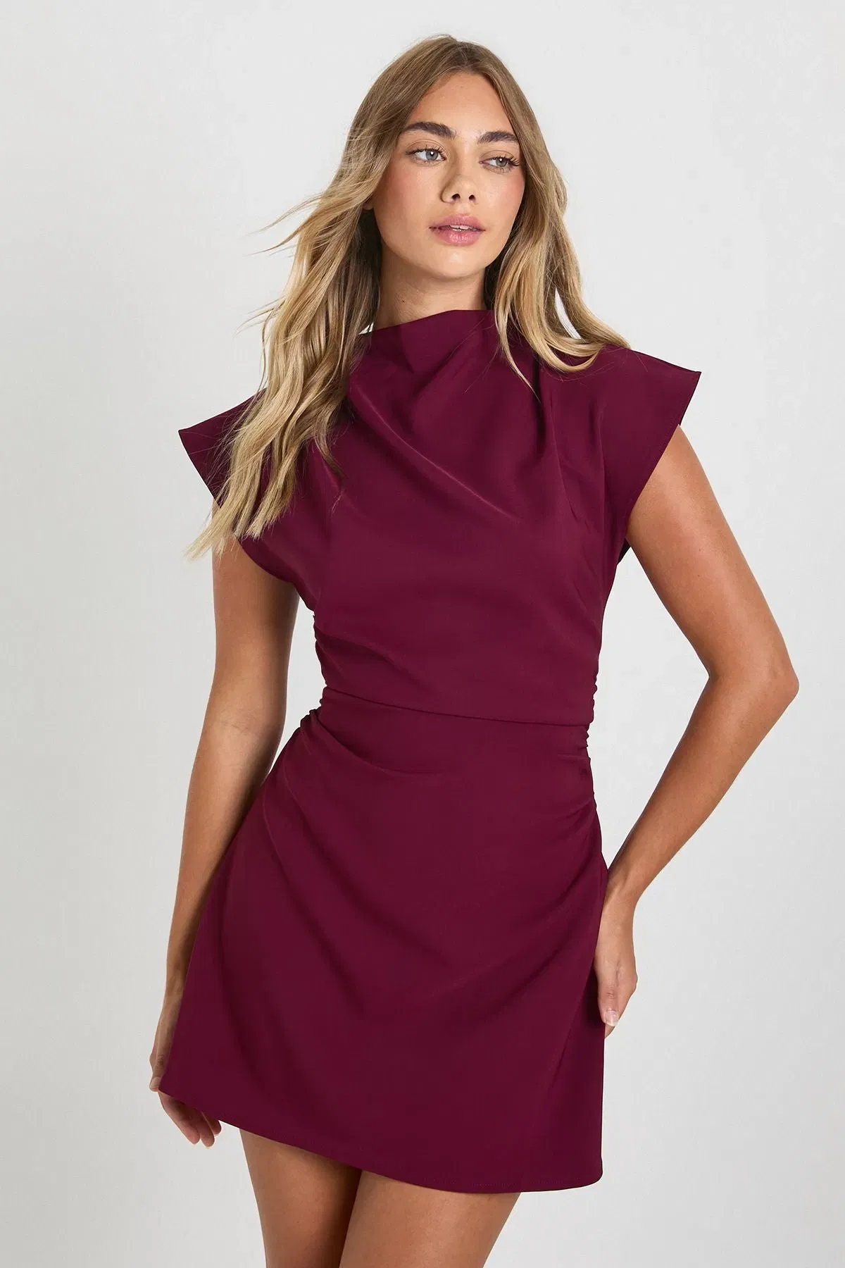 Ruched High Neck Cap Sleeve Shift Dress