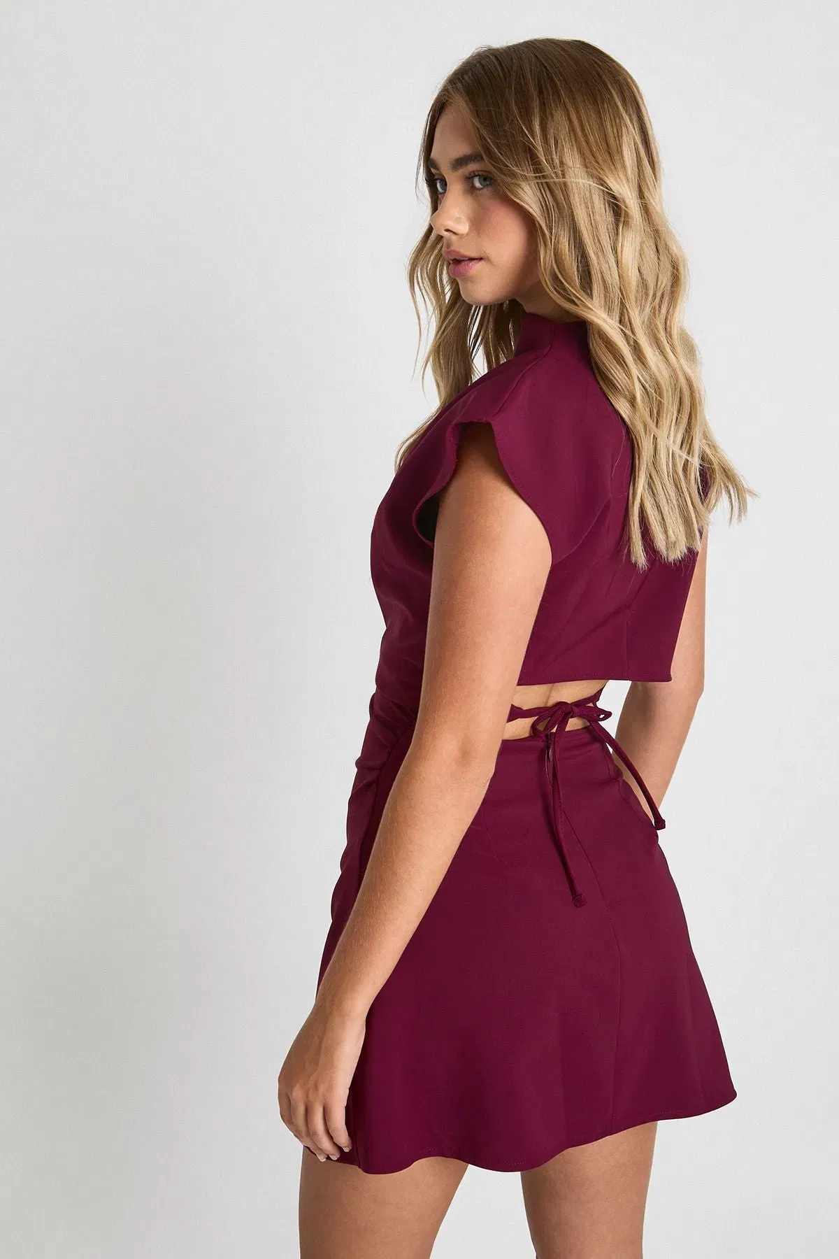 Ruched High Neck Cap Sleeve Shift Dress