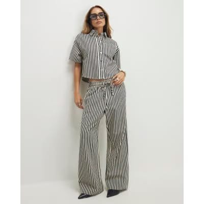 White Striped Drawstring Wide Leg Jeans