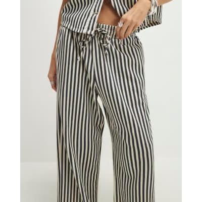 White Striped Drawstring Wide Leg Jeans