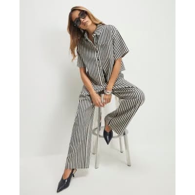 White Striped Drawstring Wide Leg Jeans