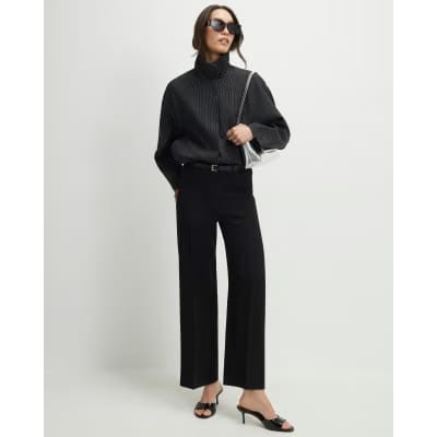 Black Belted Cropped Wide Leg Trousers