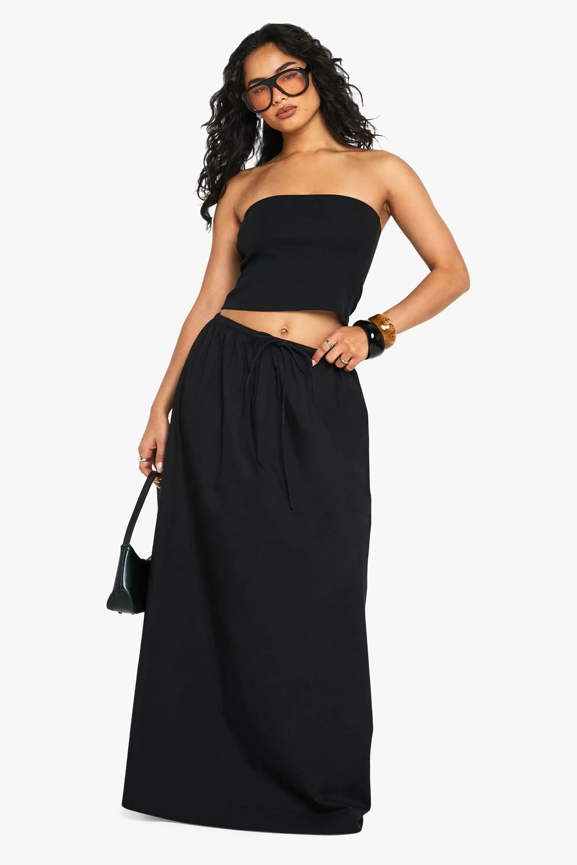 Drawstring Waist Cotton Poplin Maxi Skirt