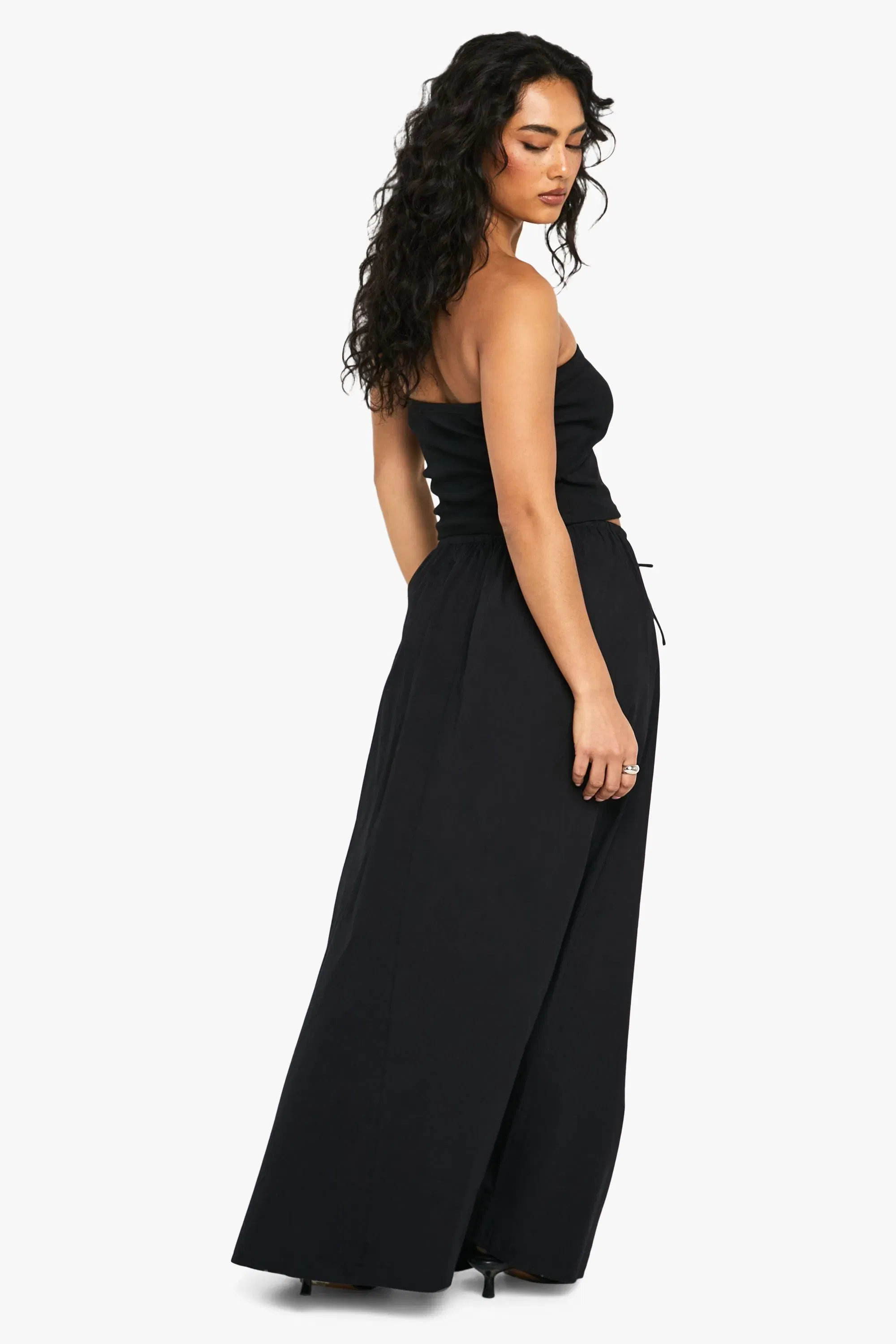 Drawstring Waist Cotton Poplin Maxi Skirt