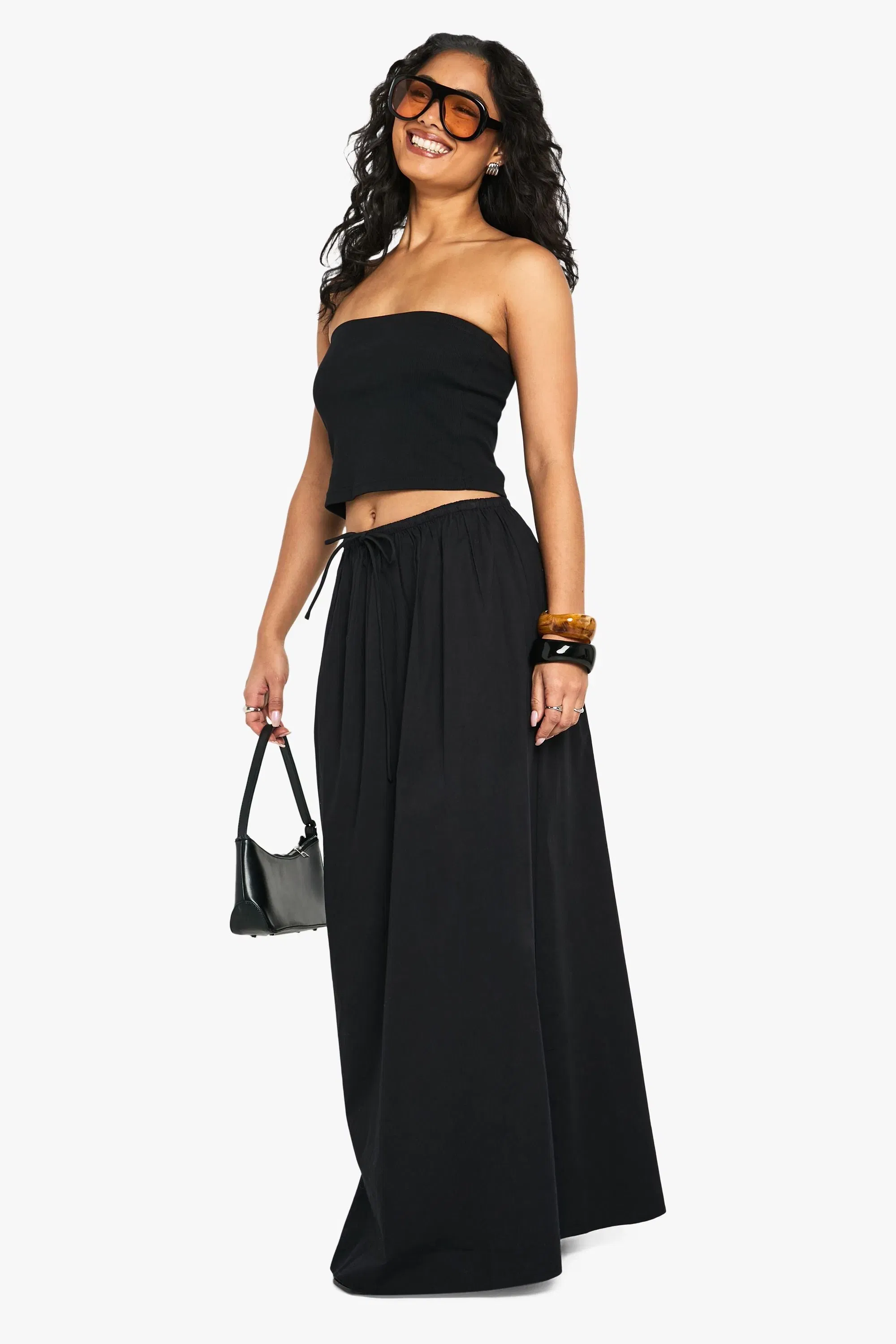 Drawstring Waist Cotton Poplin Maxi Skirt