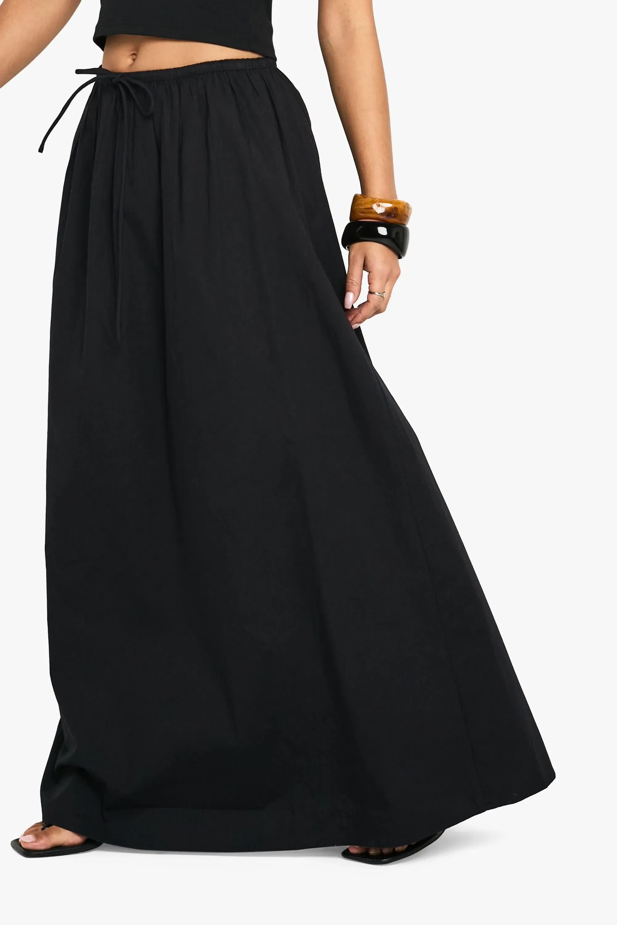 Drawstring Waist Cotton Poplin Maxi Skirt