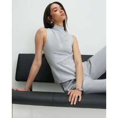 Grey Sleeveless Interlock High Neck Top