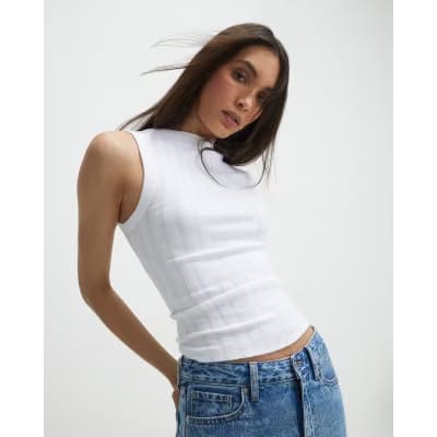 White Sleeveless Wide Ribbed Tank Top