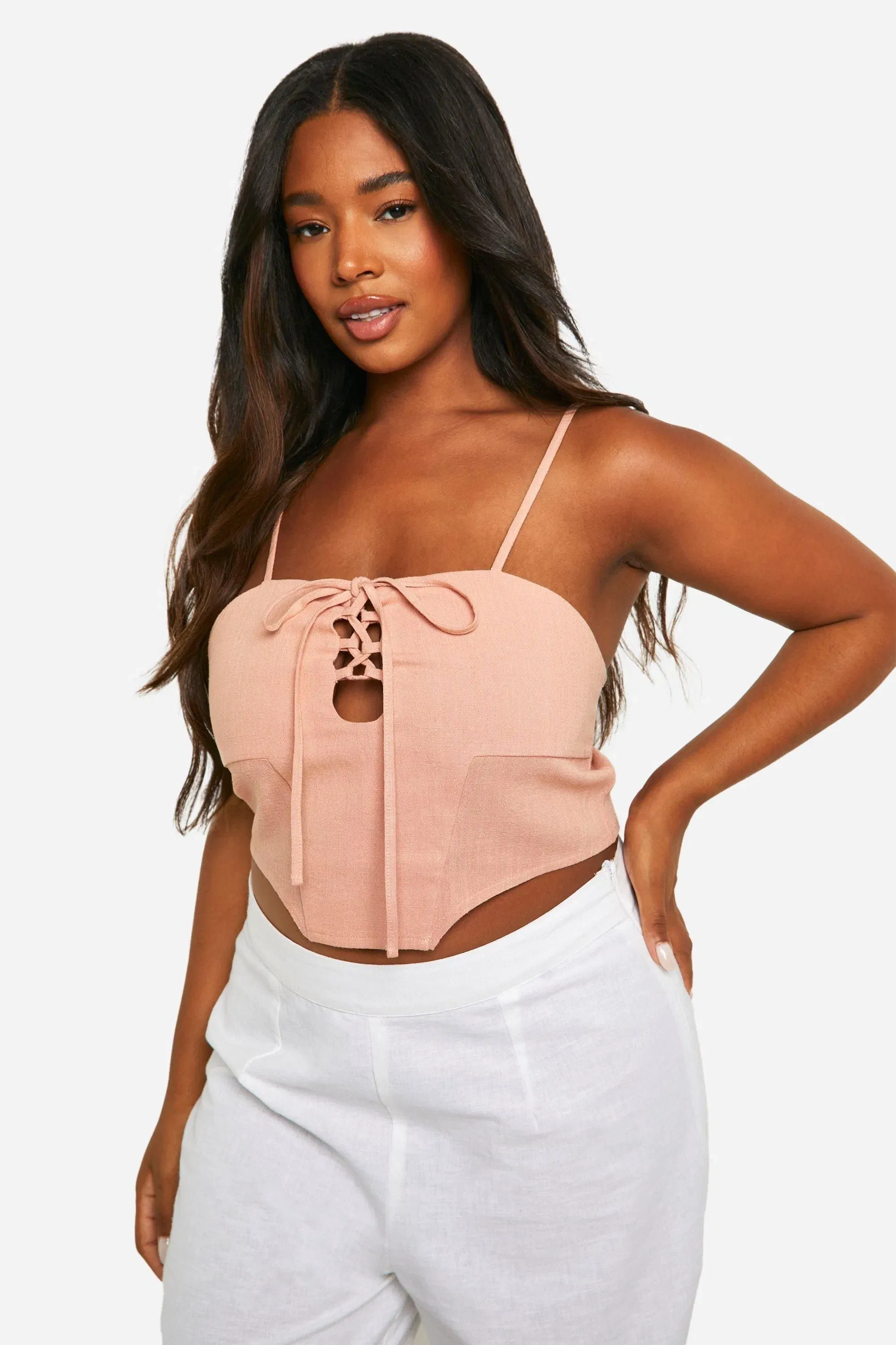 Plus Linen Look Lace Up Corset Top