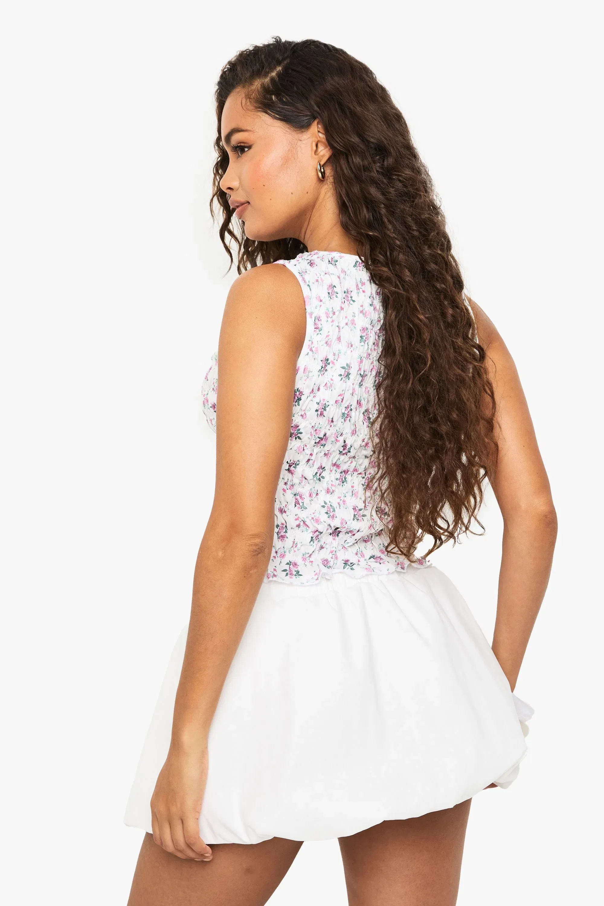 Shirred Ditsy Floral Sleeveless Tank Top