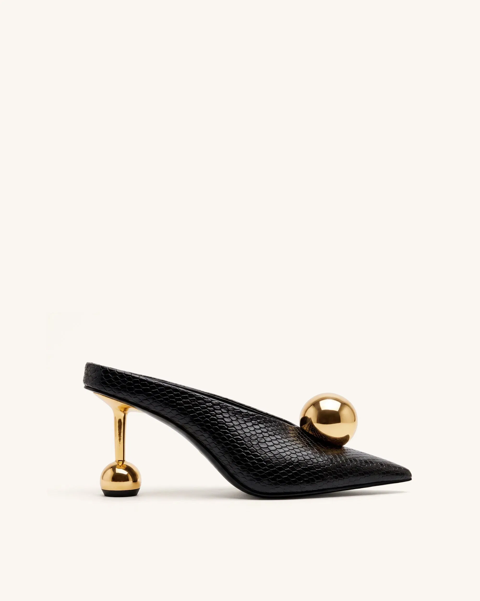 Sofia Angled Vamp Snakeskin Heel Mules - Black