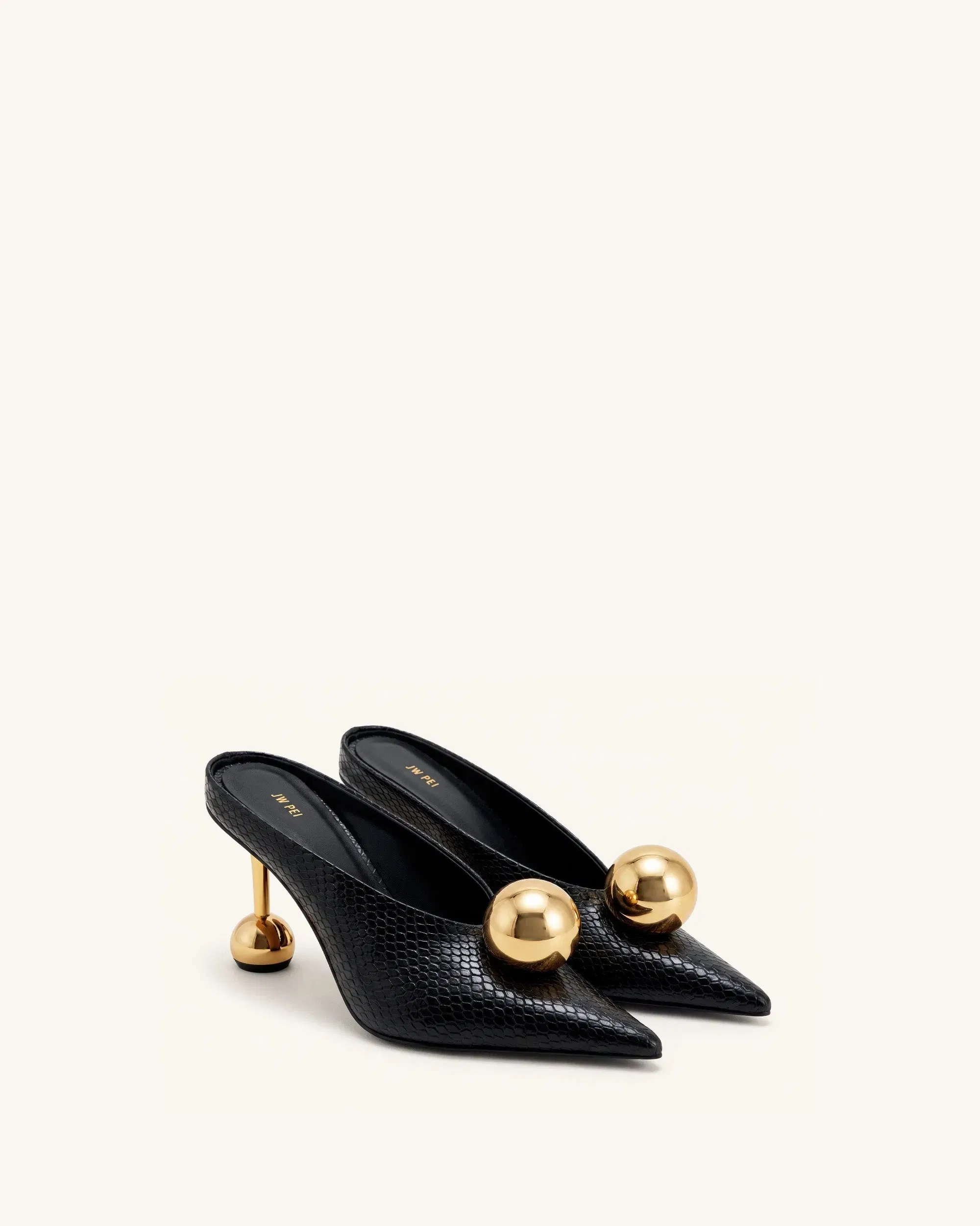 Sofia Angled Vamp Snakeskin Heel Mules - Black