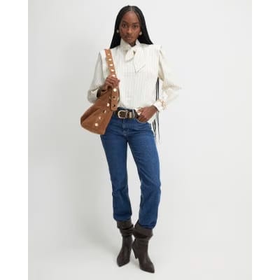 Cream Striped Tie Neck Blouse