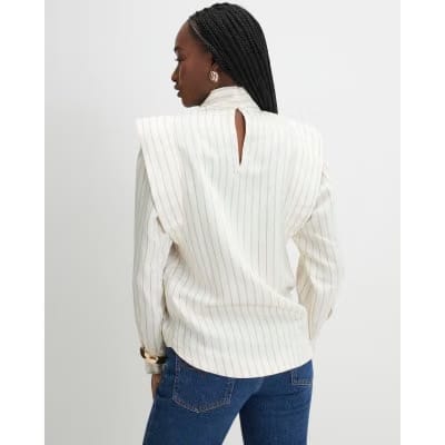 Cream Striped Tie Neck Blouse