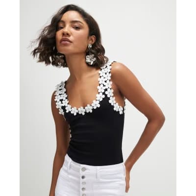 Black Floral Diamante Trim Tank Top