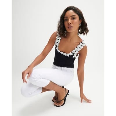 Black Floral Diamante Trim Tank Top