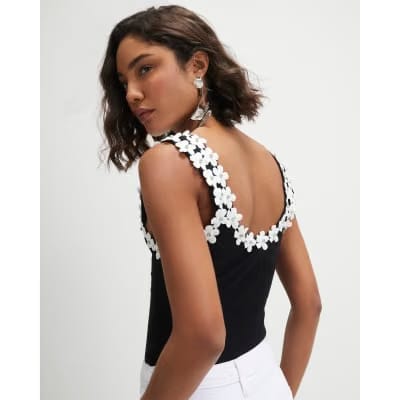Black Floral Diamante Trim Tank Top