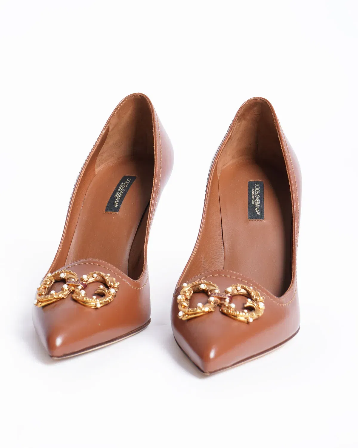 Dolce & Gabbana Brown Leather DG Amore Heels Pumps Shoes