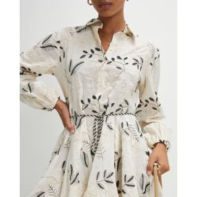 Cream Embroidered Mini Shirt Dress