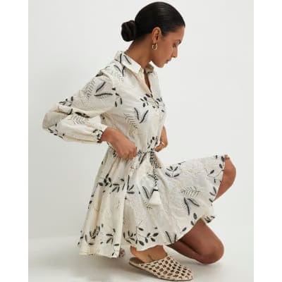 Cream Embroidered Mini Shirt Dress
