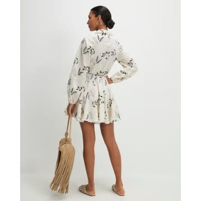 Cream Embroidered Mini Shirt Dress