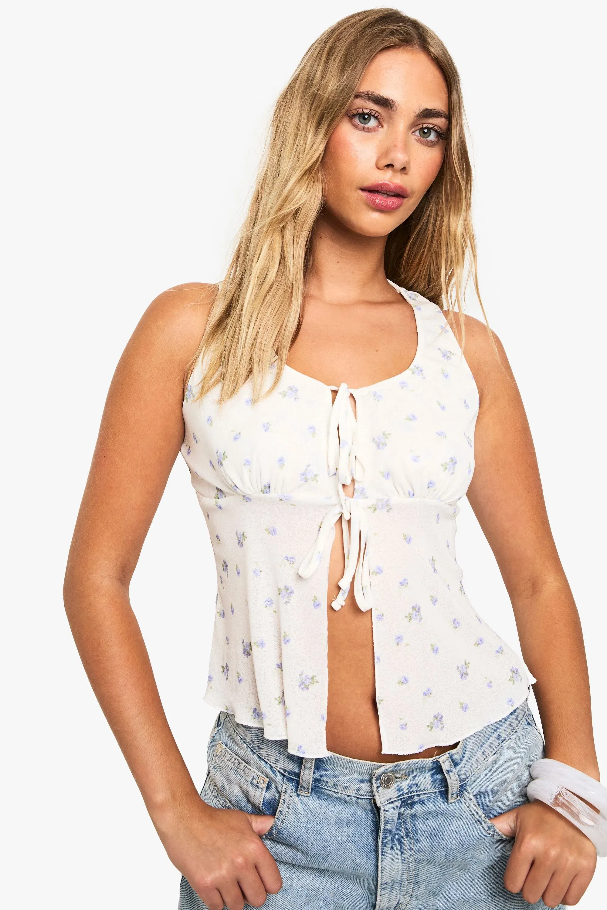 DITSY TEXTURED MESH TIE FRONT MILKMAID TOP